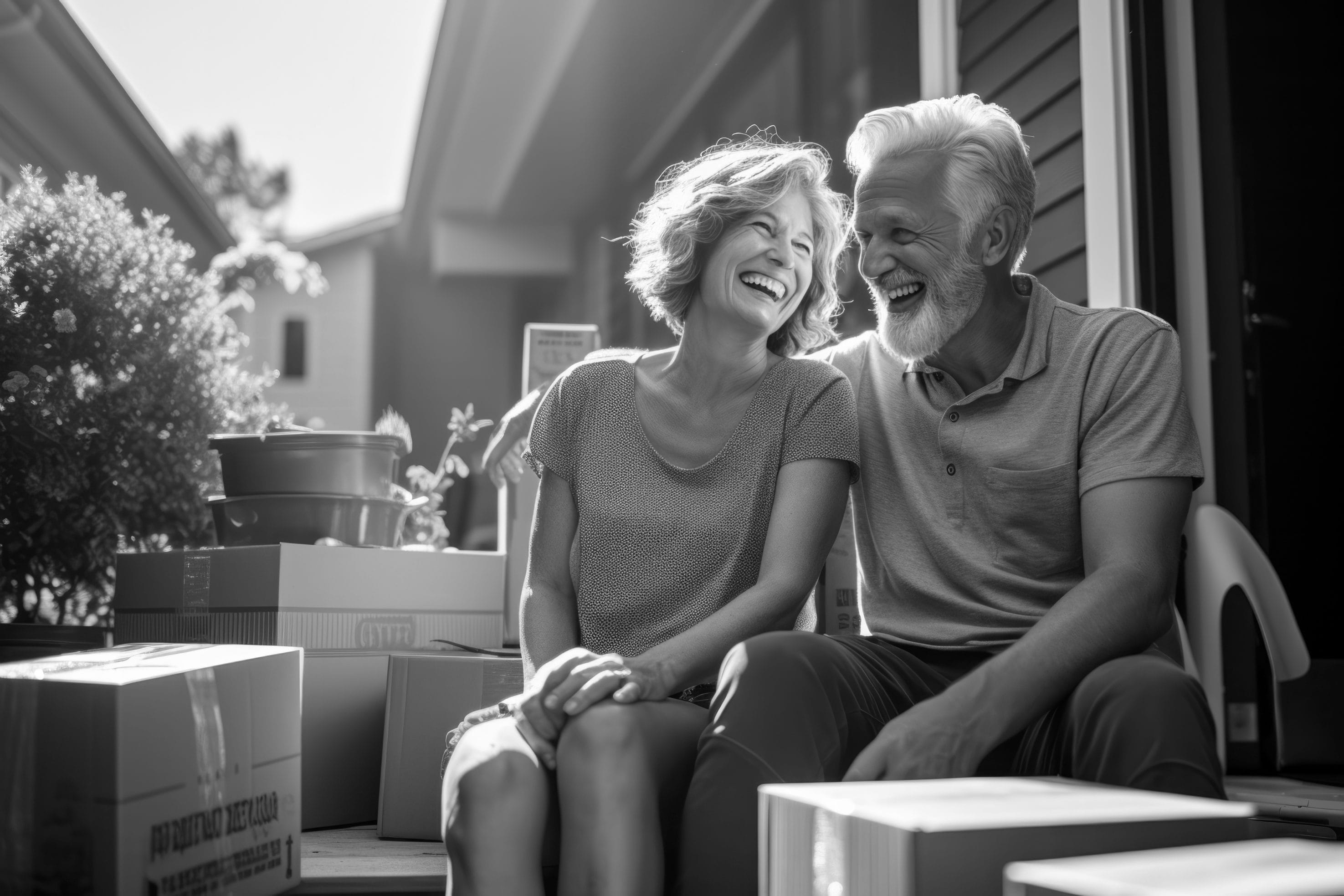 Senior couple happily sitting among moving boxes
